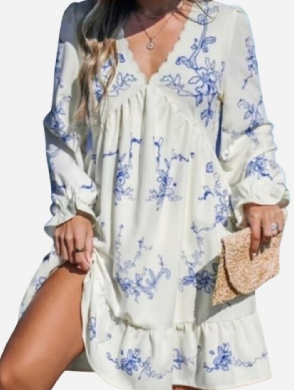 LIKE-NEW Scalloped Trim, Boho Orchids Ruffuled Mini Dress, Blue & Cream, Summer - Picture 9 of 11